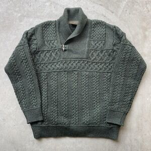 Vintage Inis Craft Shawl Neck Aran Fisherman Green Merino Wool Womens Sz Large